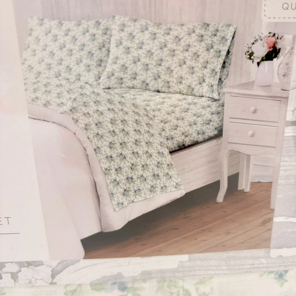 The Farmhouse Rachel Ashwell Queen Sheet Set‎ 100% Cotton Blue Floral Rose NEW